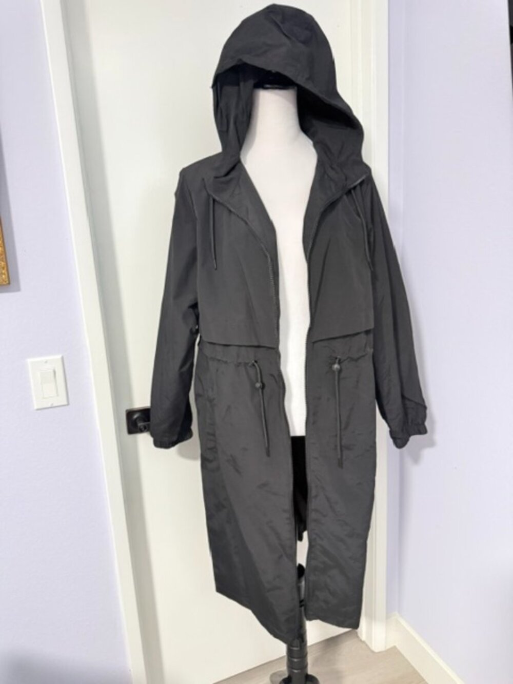 A New Day Lightweight Coat Long Black Jacket Med Water Resistant Lined